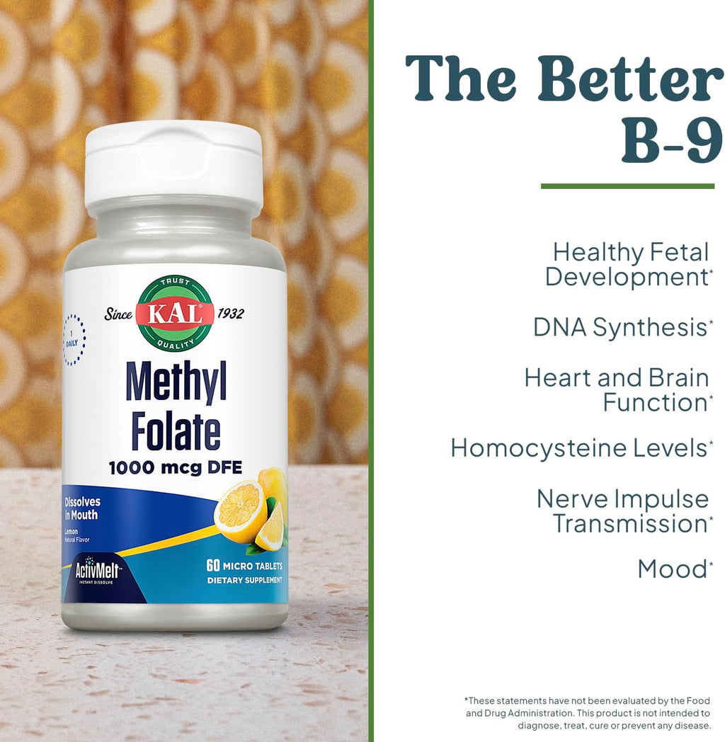 KAL Metilfolato 1000 mcg - Metilfolato Activo 5-MTHF, 60 Microtabletas ActivMelt