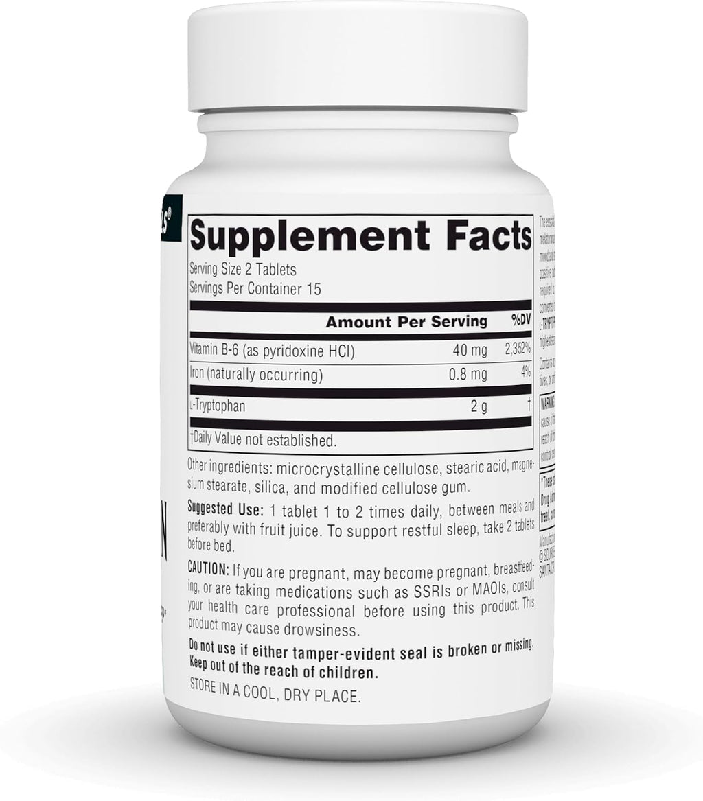 Source Naturals L-Tryptophan con Vitamina B-6 - Apoyo al Estado de Ánimo, Relajación y Sueño* 1000 mg - 30 Comprimidos