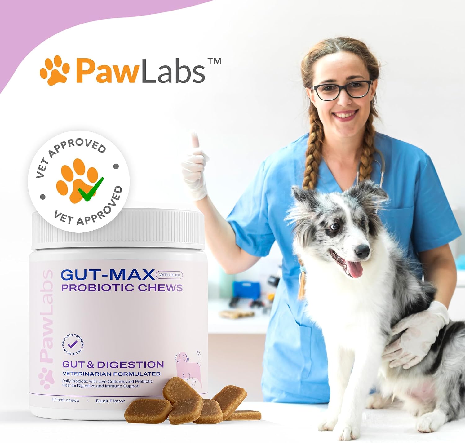 Gut Max Probiotic Chews - Masticables digestivos e inmunitarios para perros con BC30™ - Sabor a pato - 90 unidades