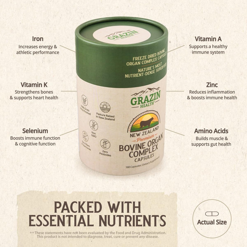 GRAZIN HEALTH - Complejo de Órganos Bovinos Grass Fed: Hígado, Bazo, Riñón, Corazón, Páncreas (600 mg por órgano por cápsula, 3000 mg por dosis, 30 dosis)