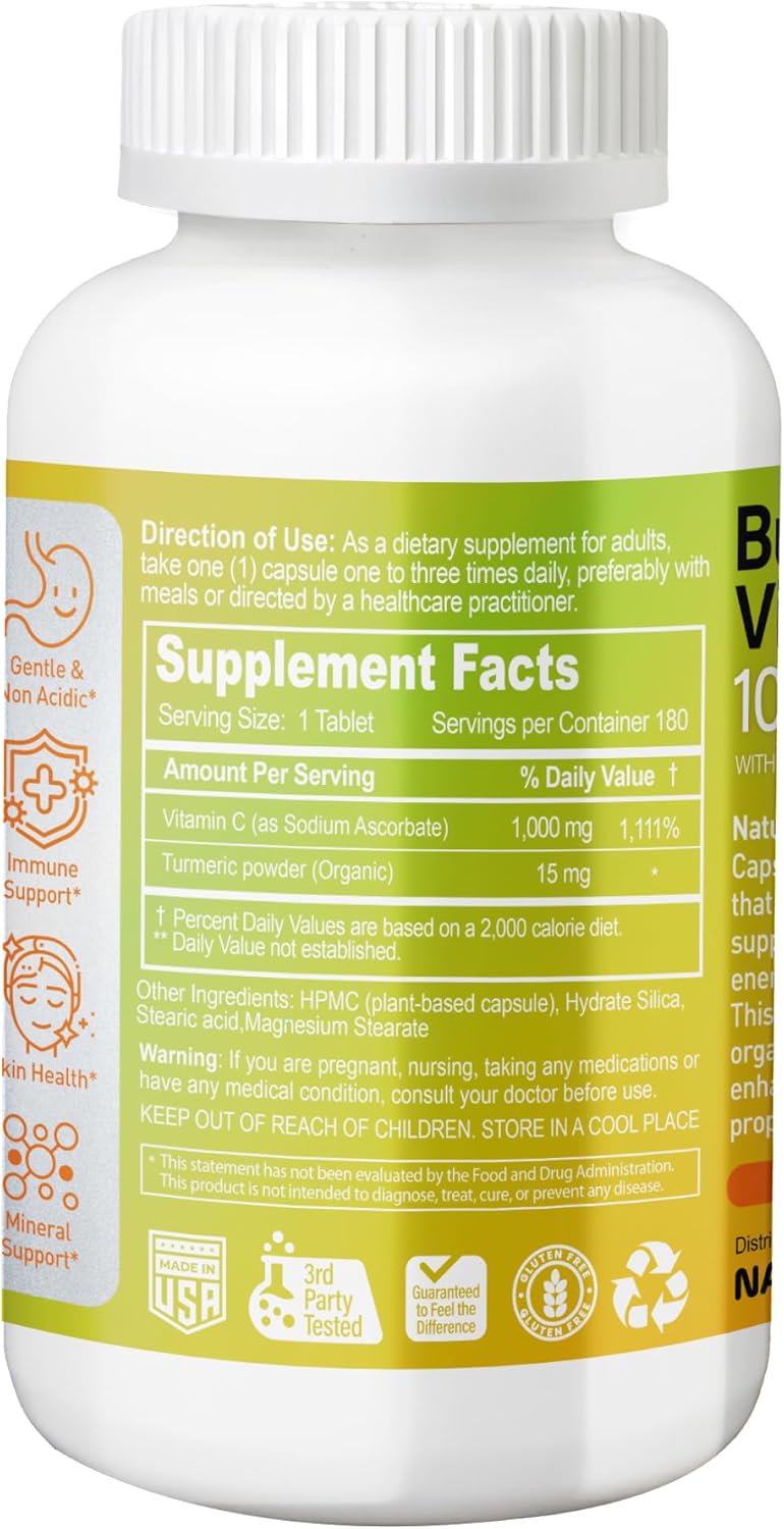 NATURION Vitamina C tamponada 1000 mg con Cúrcuma Orgánica - 180 cápsulas veganas