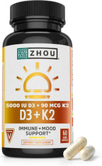 Zhou D3+K2 - Suplemento de Vitamina D3 y K2 con 5000 UI y MK-7, Gominolas Veganas (60 unidades)