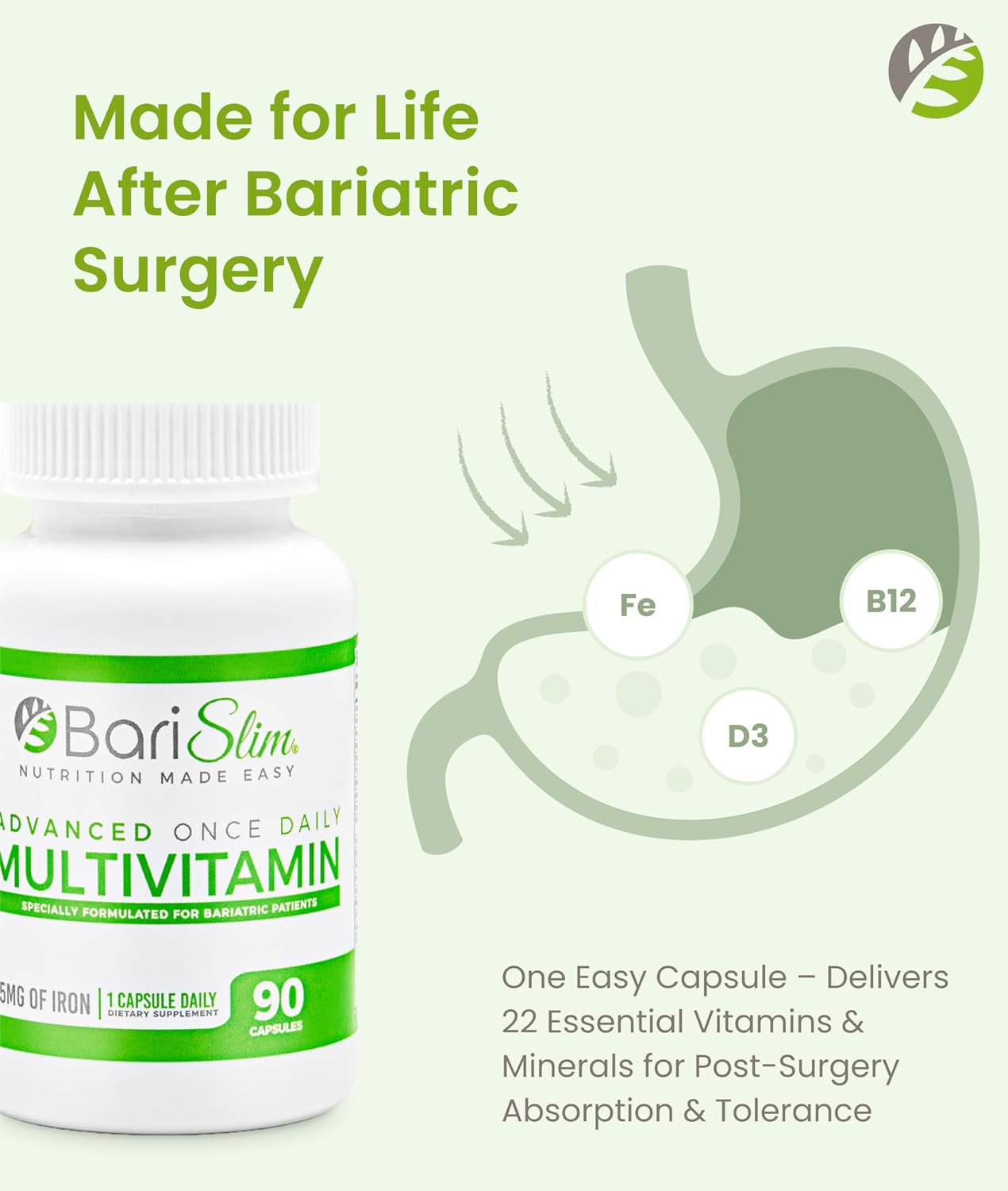 BariSlim Advanced Once Daily Bariatric Multivitamin Capsule - 45 mg de hierro - Multivitamínico bariátrico para después de cirugía bariátrica | Suministro para 90 días