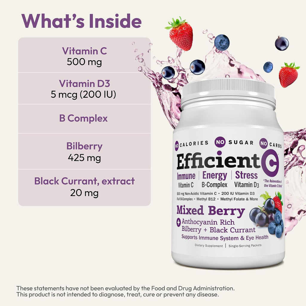 ANDREW LESSMAN Efficient C Mixed Berry - 30 Sobres - Bebida de Vitamina C Sin Ácido, Sin Azúcar, Sin Calorías - Apoyo Inmunológico, Energía y Salud Ocular