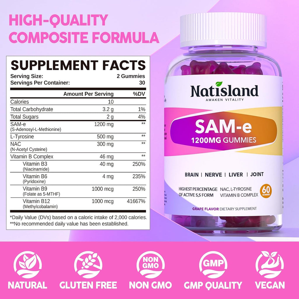 NATISLAND SAM-e con L-Tirosina y Complejo B Metilado Gominolas, 1200mg, 60 unidades