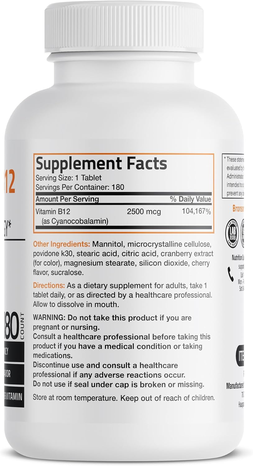Bronson Vitamina B12 2500mcg Shot of Energy - Comprimidos Sublinguales Sabor Cereza - 180 uds