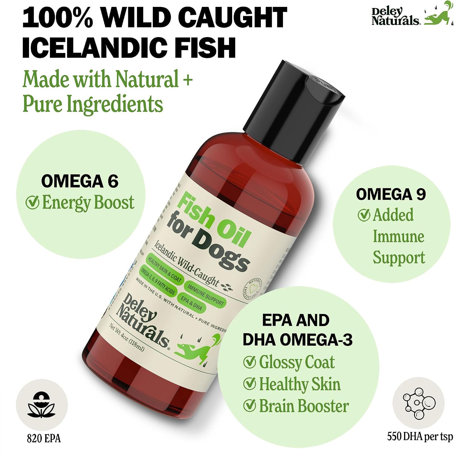 Deley Naturals Aceite de Pescado para Perros - Omega 3 6 9 para Piel, Articulaciones y Salud Cerebral - 118 ml