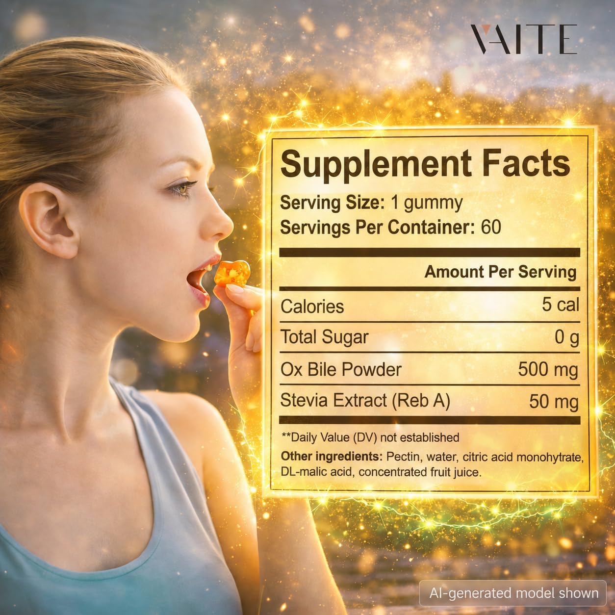VAITE Gominolas de Bilis de Buey – 500mg Apoyo Digestivo para la Vesícula y Salud Intestinal – Sin OGM, Sin Azúcar, Sin Gluten – 60 Gomitas Masticables