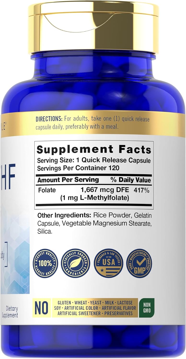 Carlyle 5-MTHF L Metilfolato 1mg | 120 Cápsulas | Complemento No Transgénico y Sin Gluten