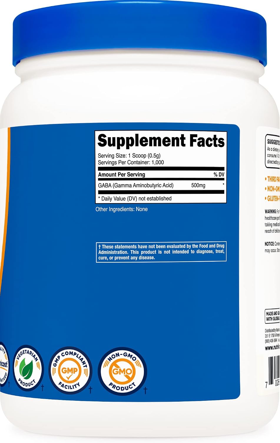 Nutricost Pure GABA (Ácido Gamma-Aminobutírico) en Polvo - 500 g (2 Paquetes)