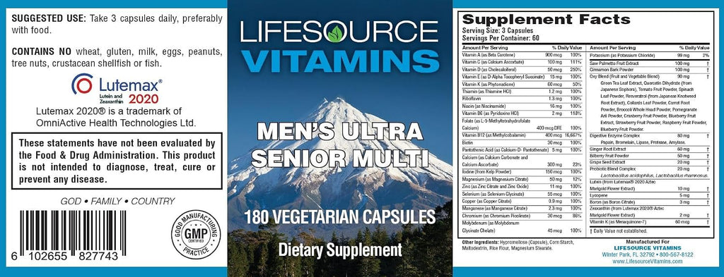 LifeSource Vitamins Multivitamínico Senior para Hombres - Fórmula Vegetariana - 180 Cápsulas (60 Días)