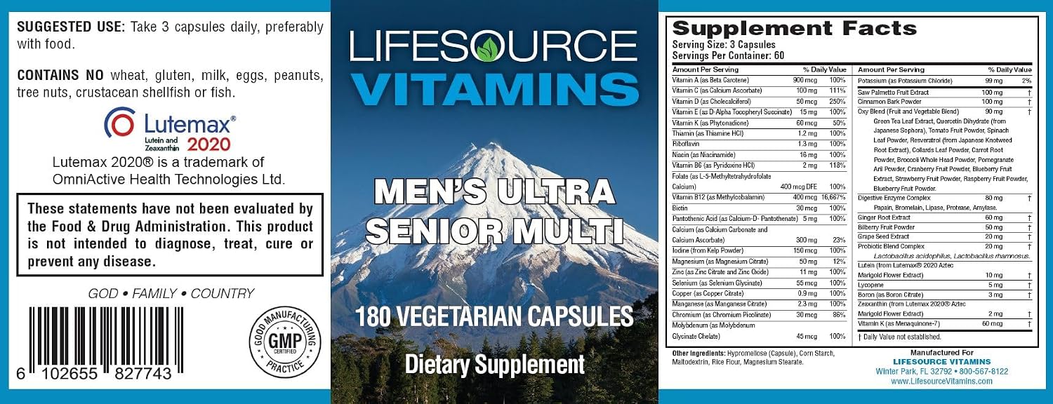 LifeSource Vitamins Multivitamínico Senior para Hombres - Fórmula Vegetariana - 180 Cápsulas (60 Días)