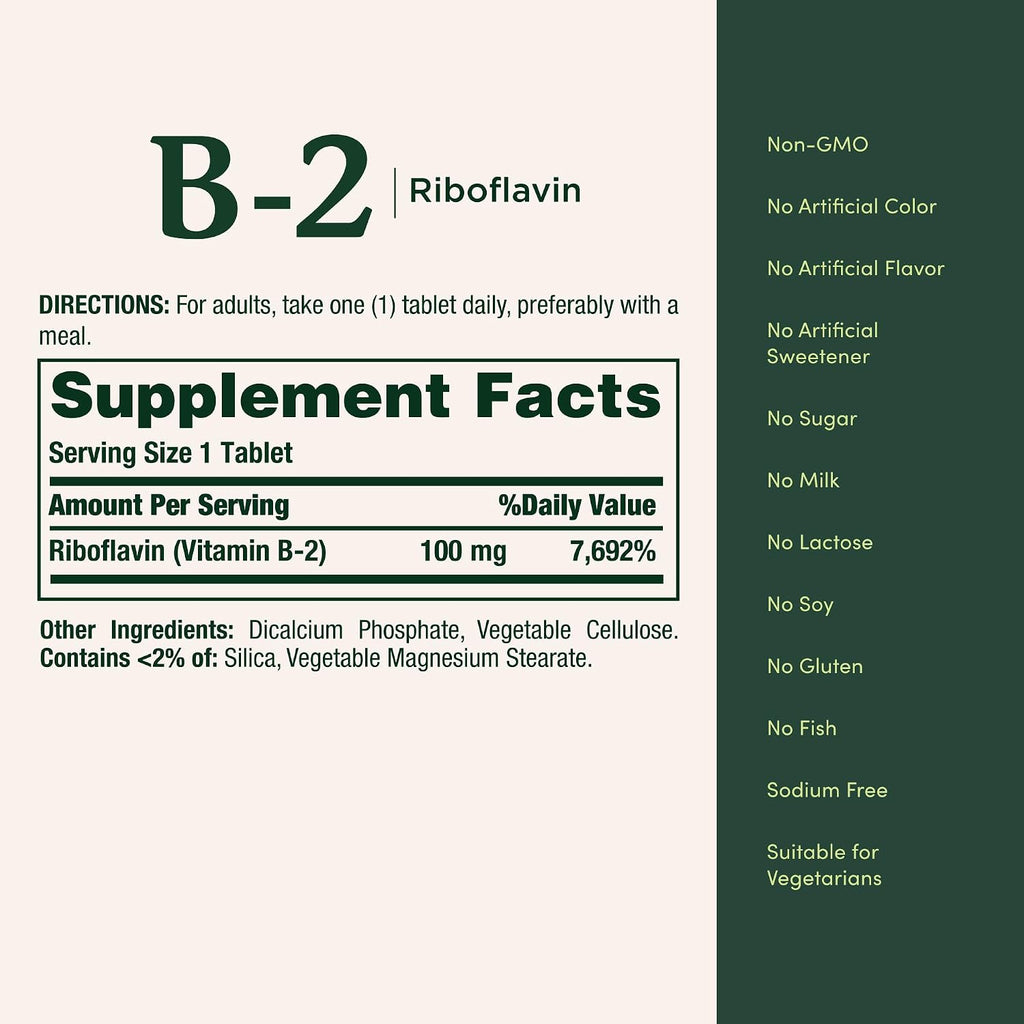 Nature's Bounty Vitamina B-2, 100 mg de Riboflavina, 100 Comprimidos Recubiertos