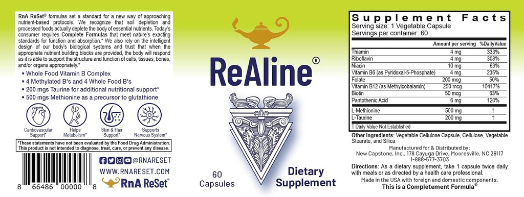RnA ReSet ReAline – Complejo de Vitaminas B Metiladas con Taurina y Metionina, 60 Cápsulas (NSF Certified)