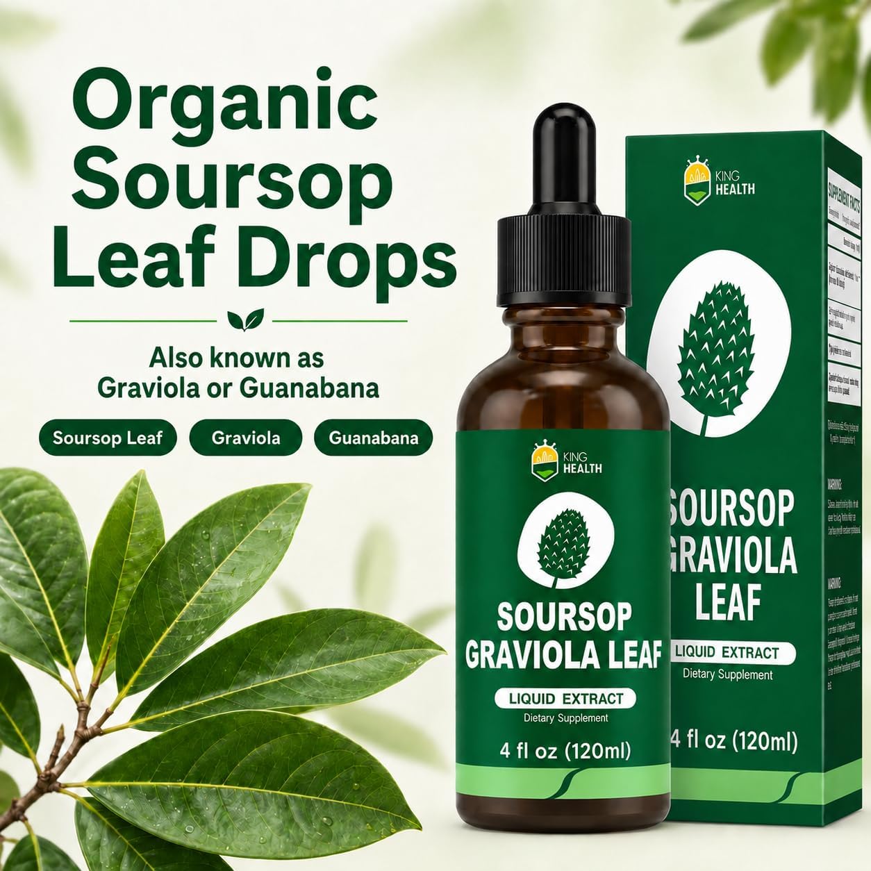 Extracto Líquido Orgánico de Hojas de Soursop Graviola | Gotas de Soursop Bitters | KingHealth 118 ml
