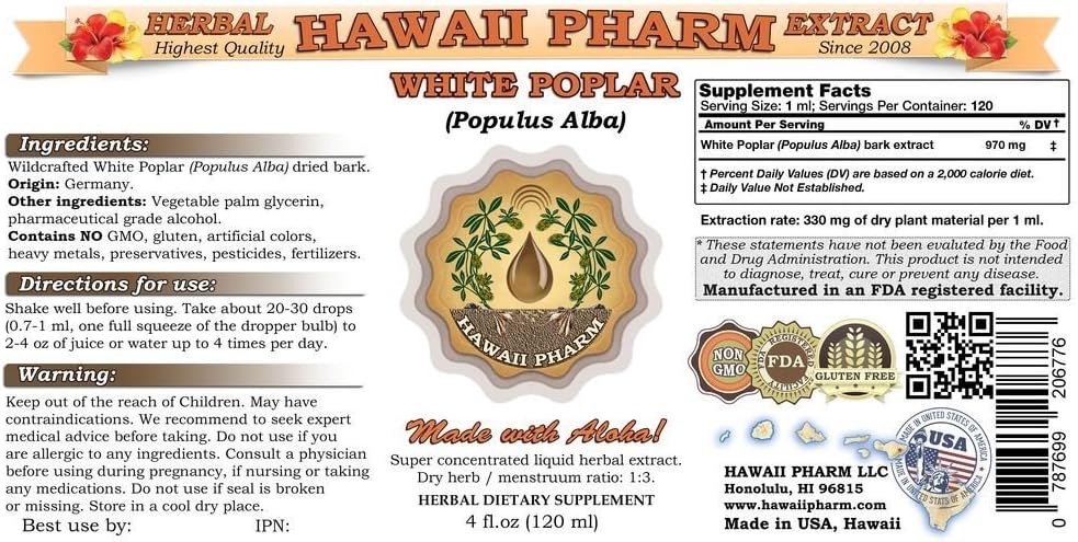 Hawaii Pharm Extracto Líquido de Álamo Blanco, Tintura de Corteza de Populus Alba, Suplemento Herbal, 2x118 ml