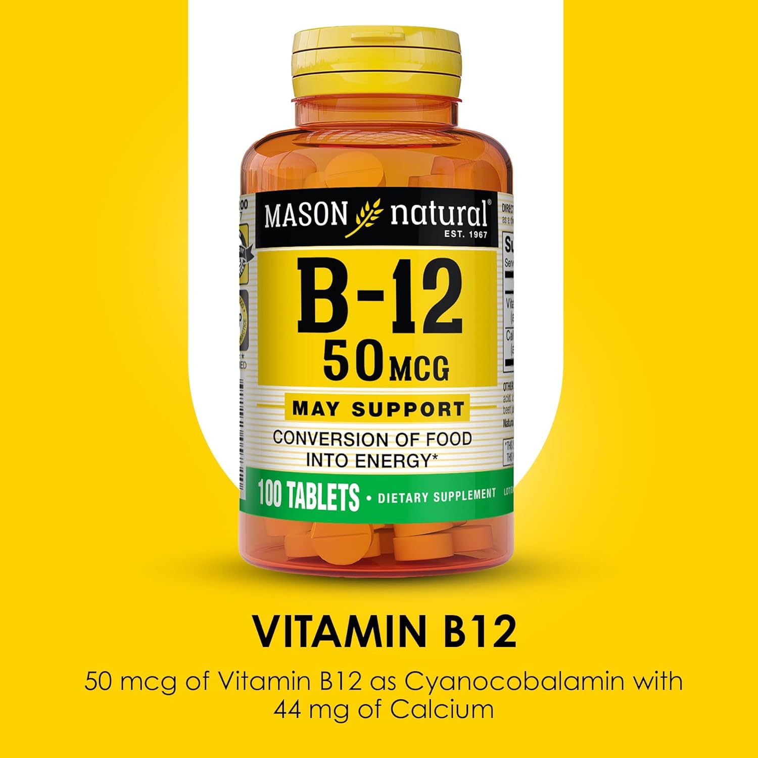 MASON NATURAL Vitamina B12 50 mcg con Calcio, Suplemento dietético para energía natural, 100 tabletas