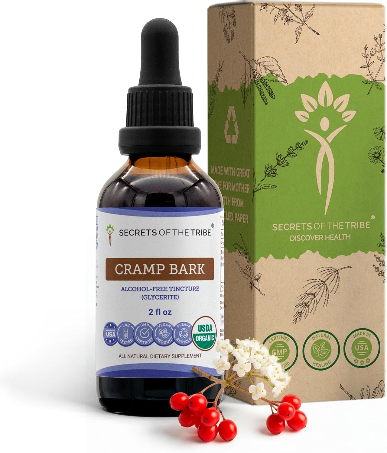Secrets of the Tribe Cramp Bark Orgánico USDA - Extracto Sin Alcohol de Alta Potencia - 118 ml