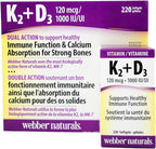 Webber Naturals K2 + D3 120 mcg / 1000 UI, 220 cápsulas blandas