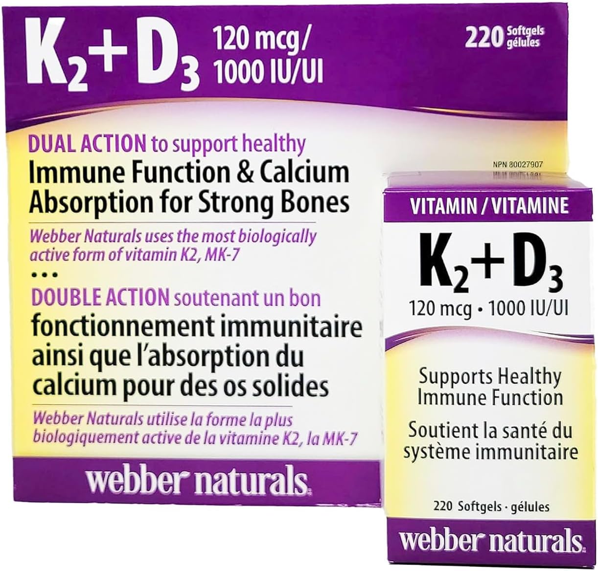 Webber Naturals K2 + D3 120 mcg / 1000 UI, 220 cápsulas blandas