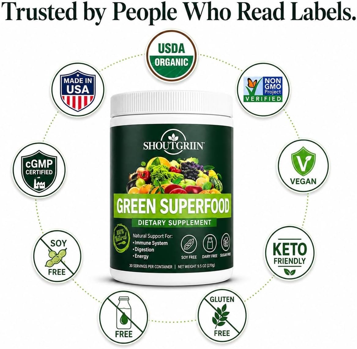 SHOUTGRIIN Green Superfood Powder - Superalimentos Verdes Orgánicos