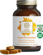 PURE SYNERGY Super B-Complex | Complejo de vitamina B elaborado con alimentos integrales ecológicos | Suplemento vegano con vitamina B12, niacina y folato naturales | para energía, concentración y estado de ánimo (60 comprimidos)