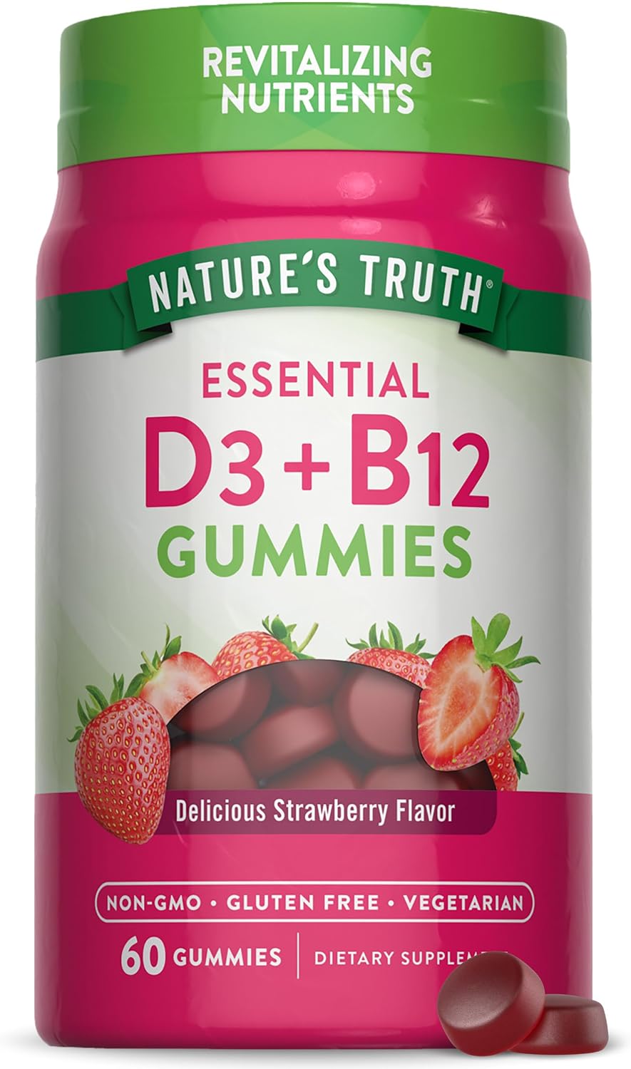 Nature's Truth Vitamin D3 y B12 Gominolas para Adultos - 60 unidades - Sabor Fresa - Vegetarianas, No GMO y Sin Gluten