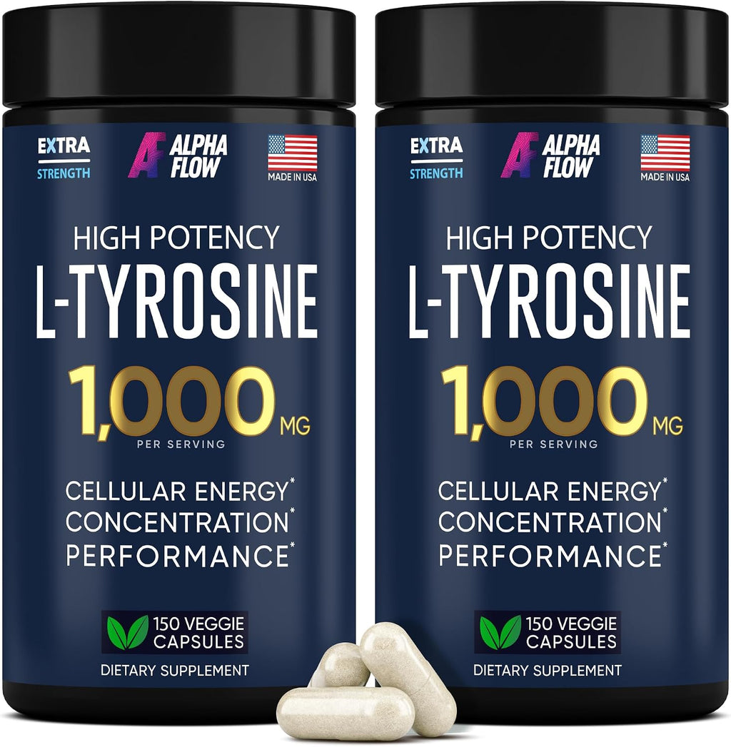 Alpha Flow L-Tirosina 1000 mg Cápsulas Veganas - Pack de 2 (300 Cápsulas)