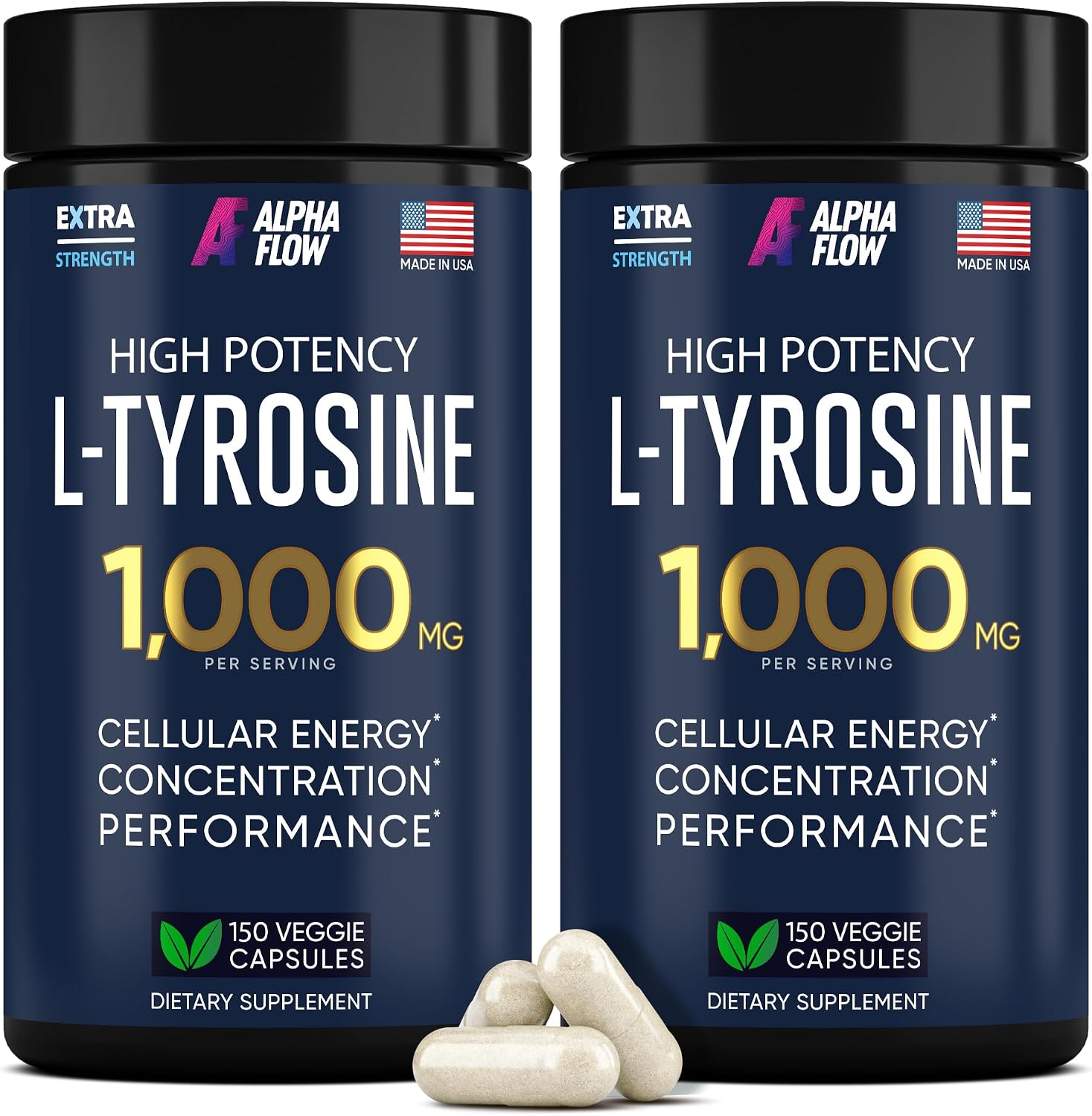 Alpha Flow L-Tirosina 1000 mg Cápsulas Veganas - Pack de 2 (300 Cápsulas)
