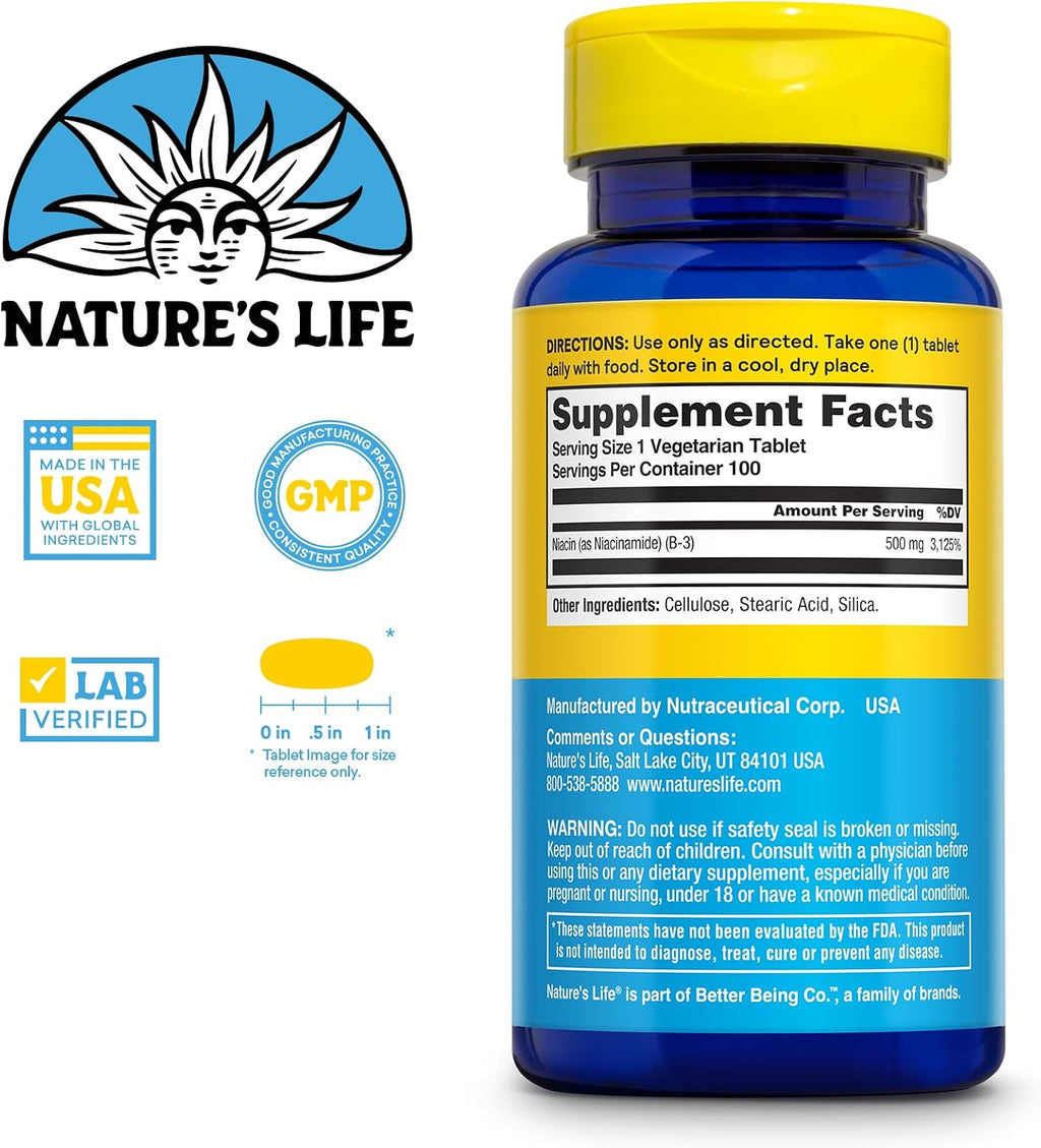 Nature's Life Niacinamide 500 mg – Vitamina B3 Sin Enrojecimiento – 100 Comprimidos