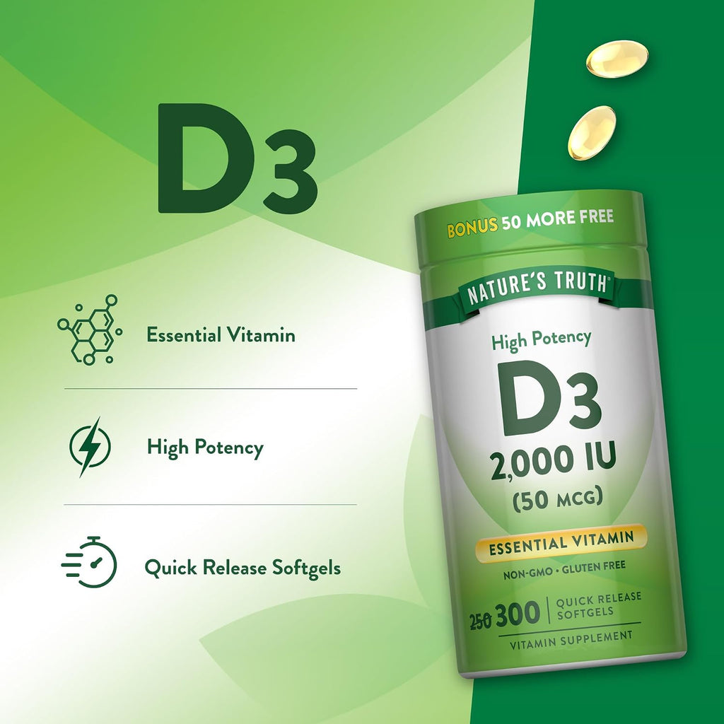Nature's Truth Vitamina D3 2000 UI | 300 Cápsulas Blandas | Alta Potencia | Sin Gluten y Sin OMG