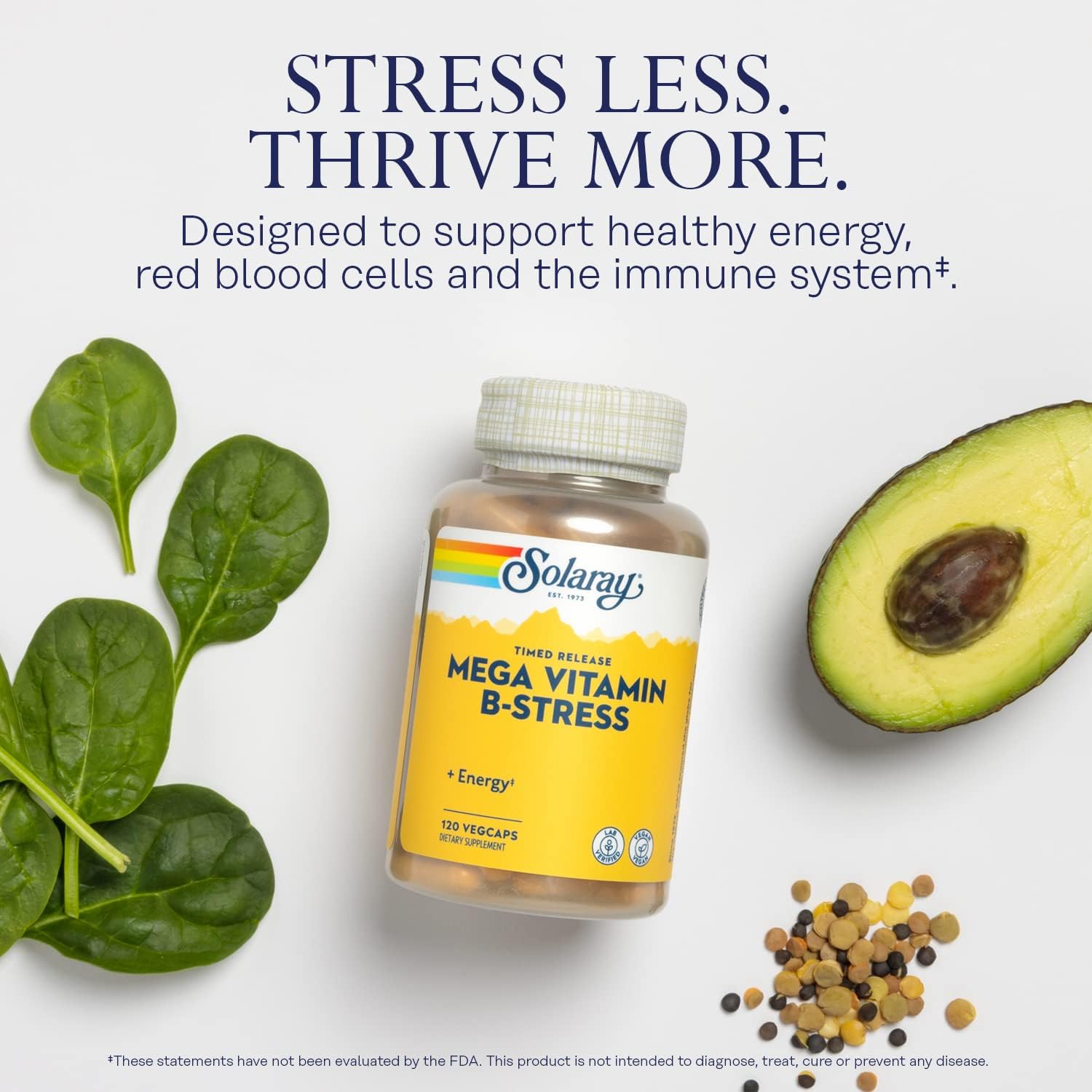SOLARAY Mega Vitamina B-Estrés, complejo B de liberación prolongada con 1000 mg de vitamina C, 120 cápsulas veganas