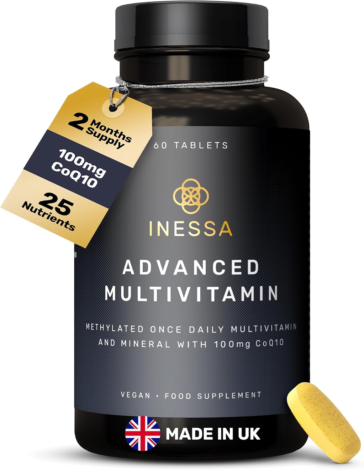 Inessa Methylated Multivitamin for Men and Women with CoQ10, D3, K2, B Complex, Folic Acid and Zinc - 60 Vegan Tablets