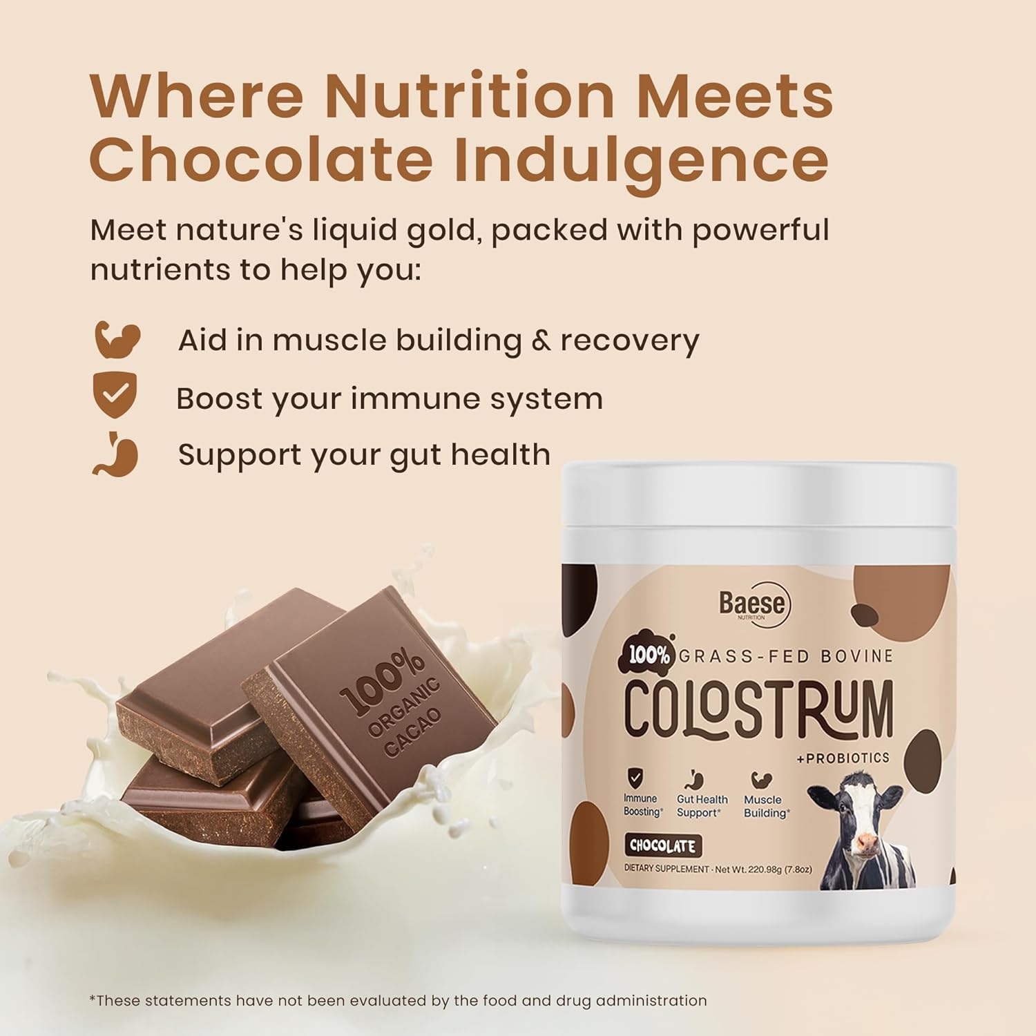 Baese Nutrition Colostro Bovino 4000mg con Probióticos - Sabor Chocolate (220.98g)