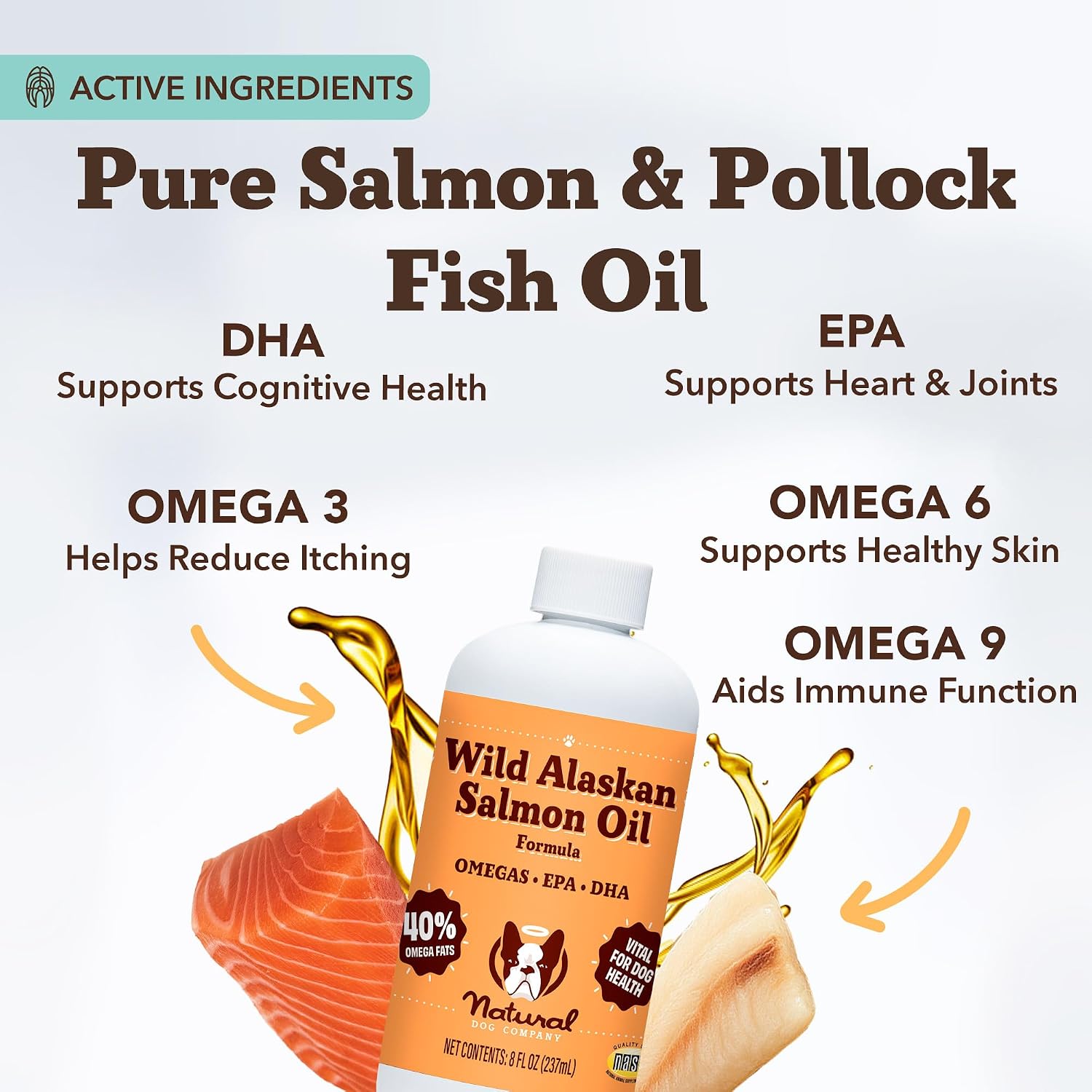 Aceite de Salmón Salvaje de Alaska para Perros y Cachorros - Suplemento de Omega 3 con EPA y DHA, Tamaño de Prueba, 8 oz