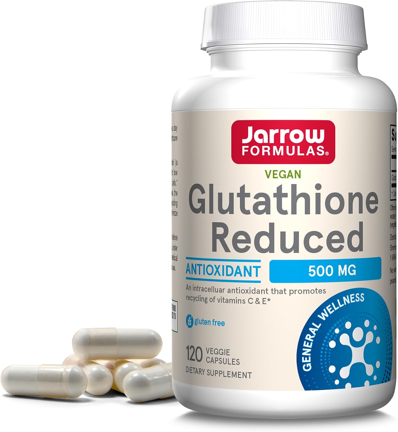 Jarrow Formulas Reduced Glutathione 500 mg - 120 Vegetable Capsules - Intracellular Antioxidant