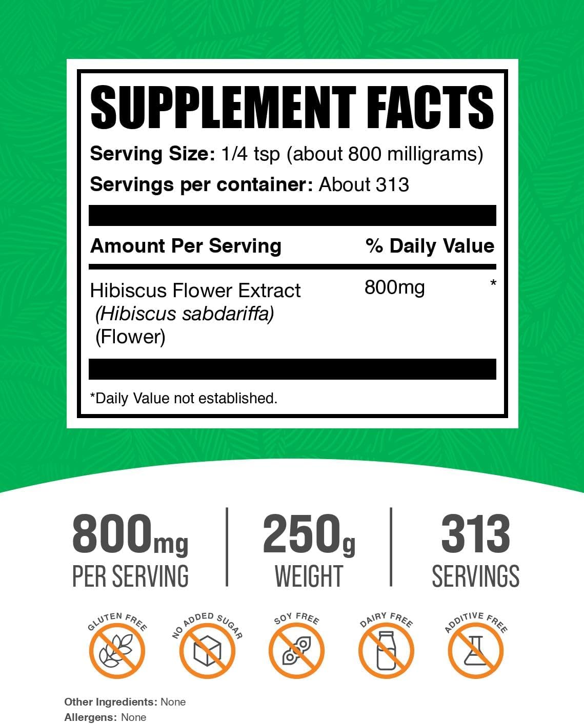 BulkSupplements.com Extracto de Flor de Hibisco en Polvo - Suplemento de Hibisco, Extracto de Hibisco, Suplemento Herbal - Vegano y Sin Gluten, 800mg por Ración, 250g (Paquete de 1)