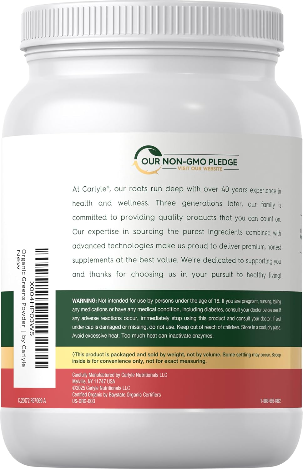 Carlyle Organic Greens Powder - Polvo de Superalimentos Orgánicos - Sabor Fresa y Kiwi - 998 g