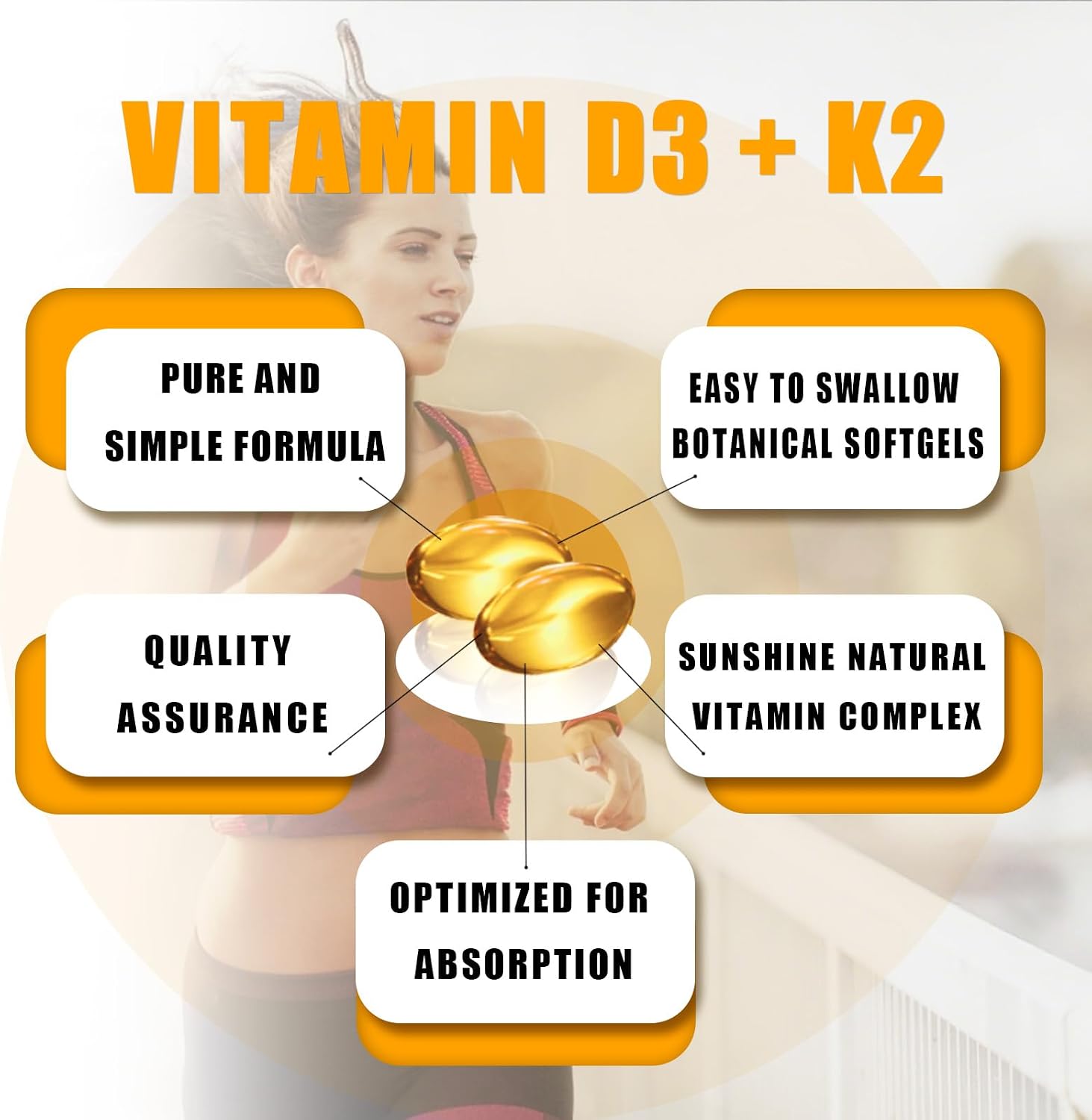 BIO POTENTIA Vitamina D3 K2 con Aceite MCT, 5000 UI D3 + 100 mcg K2 (MK-7), 60 Cápsulas
