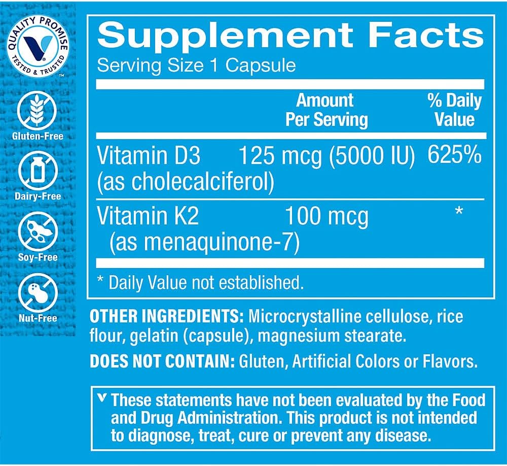 The Vitamin Shoppe Vitamina D3 K2 5000 UI - Combinación D3 + K2 MK-7 | 120 Cápsulas