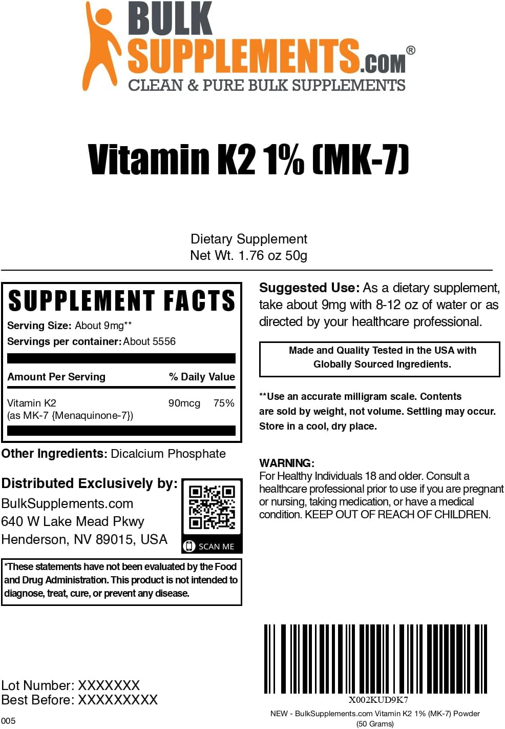 Vitamina K2 MK-7 en Polvo - Menaquinona - Complemento Alimenticio, Sin Gluten, 9mg por Ración, 50g