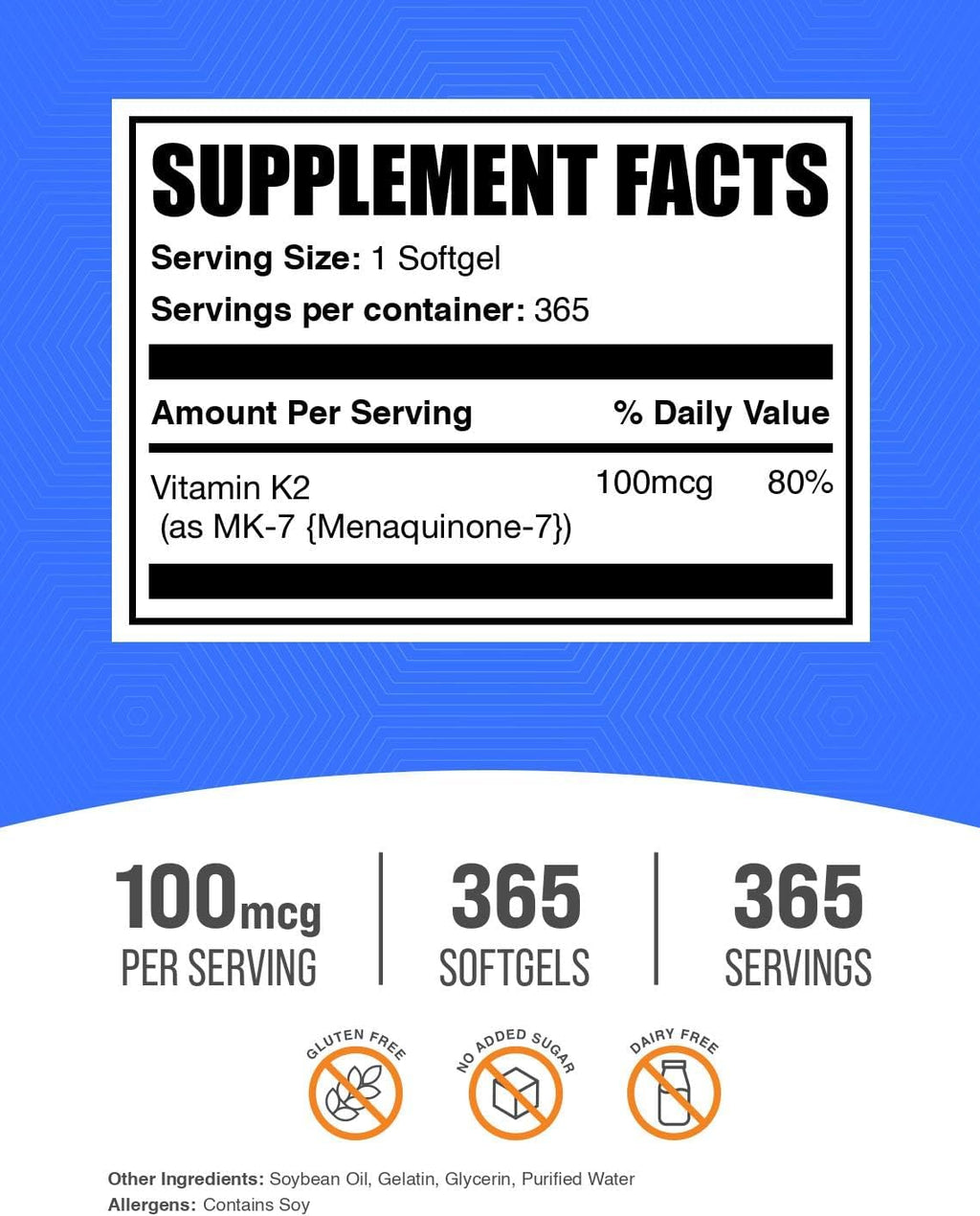 Vitamina K2 MK7 (Menquinona-7) - 365 Cápsulas Blandas - Gluten Free