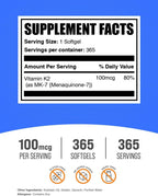 Vitamina K2 MK7 (Menquinona-7) - 365 Cápsulas Blandas - Gluten Free