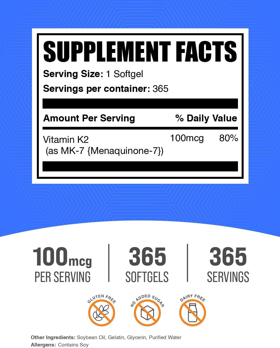 Vitamina K2 MK7 (Menquinona-7) - 365 Cápsulas Blandas - Gluten Free