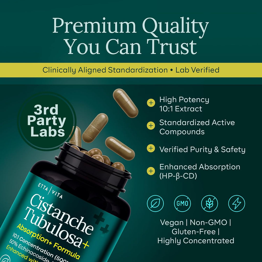 Etta Vita Cistanche Tubulosa 500 mg – Potente Extracto Estandarizado 50% Equinacósido/10% Acetósido