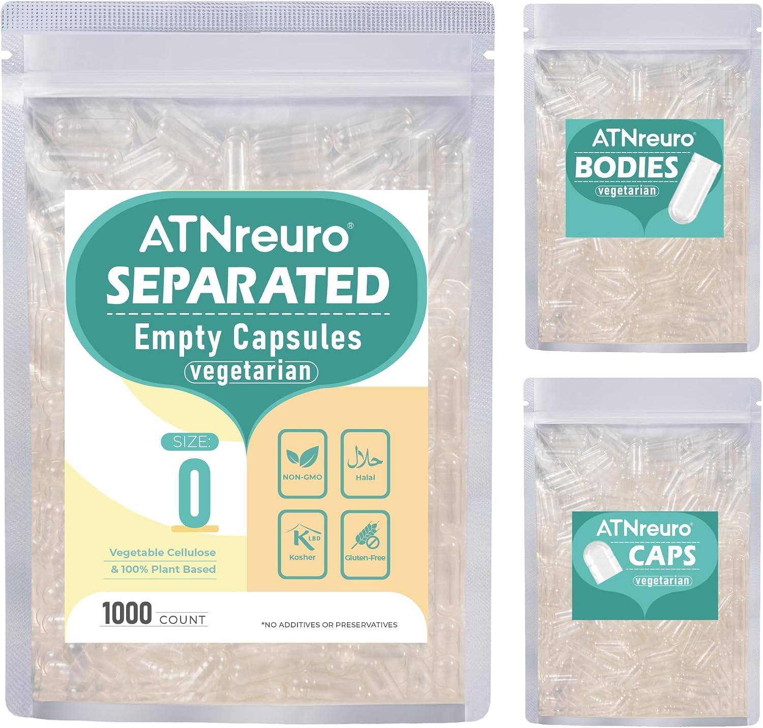 ATNreuro Cápsulas Vacías Veganas Pre-Separadas Tamaño 0 (200 uds), Cápsulas Vegetales Premium para Relleno de Suplementos