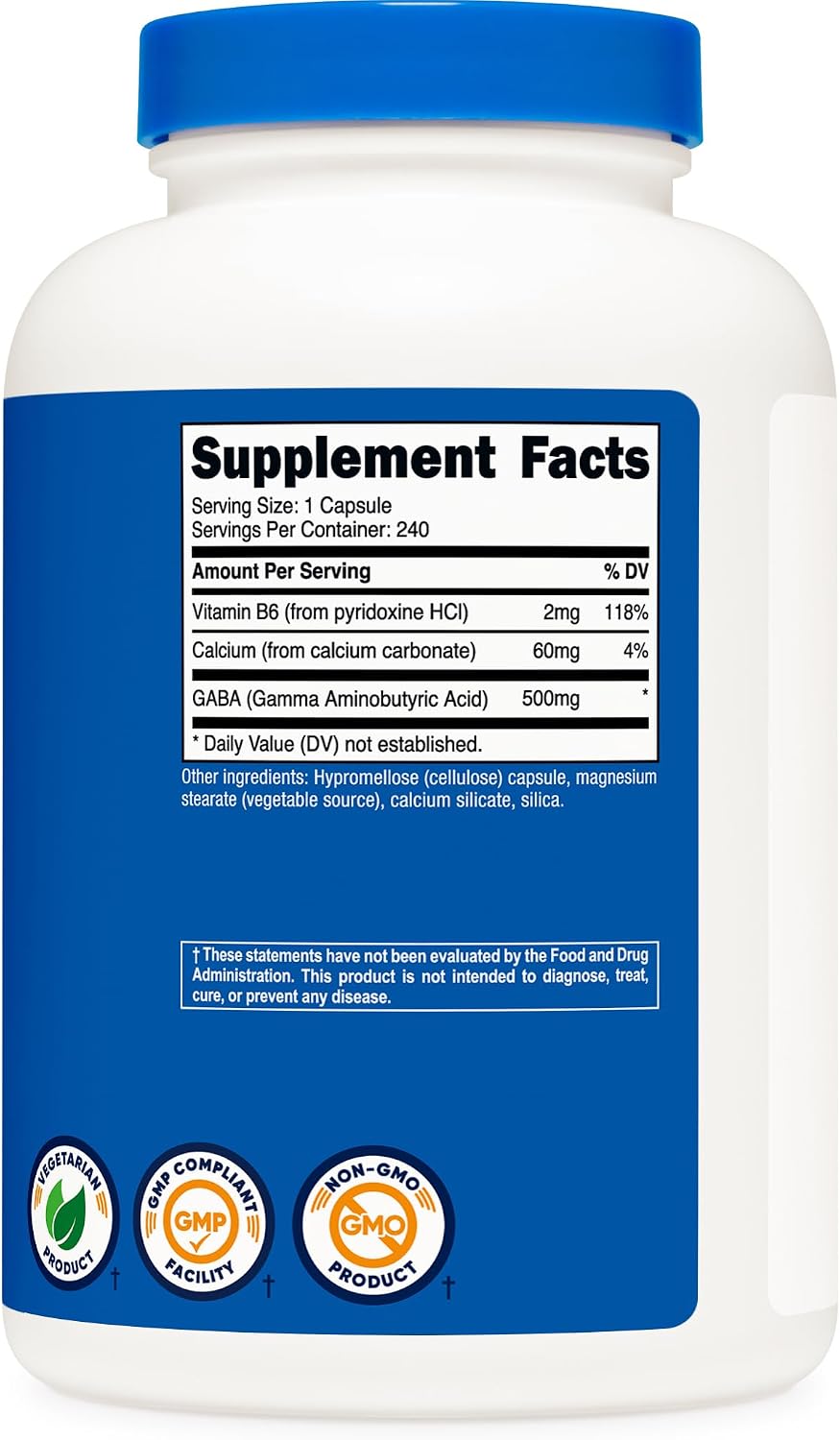Nutricost GABA + Vitamina B6, 500mg por Cápsula, 240 Cápsulas Vegetales