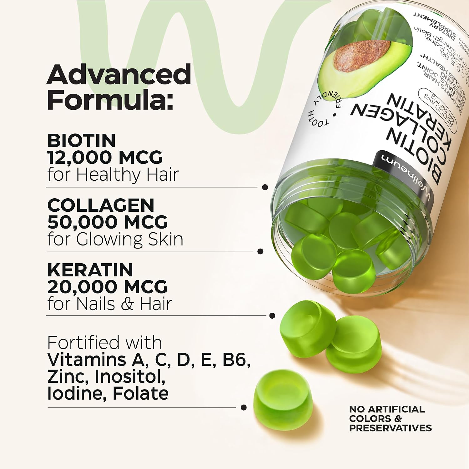 Wellneum Gominolas de Biotina 12000mcg con Colágeno, Keratina y Retinol - Sin Azúcar, 120 Gominolas (2 Envases)