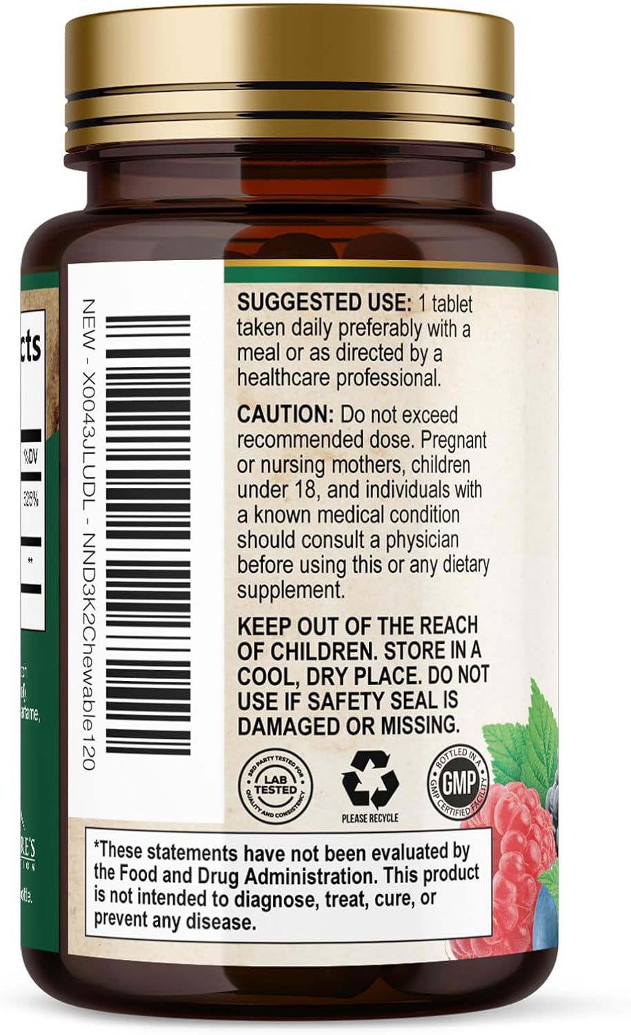 Nature's Nutrition Vitamina D3 K2 5000 UI + 100 mcg K2 MK-7, 120 Comprimidos Masticables Sabor Baya