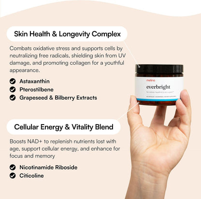 Melina Everbright Suplemento NAD+ para Mujeres 40+ - Nicotinamida Ribósido (NR), Citicolina, Pterostilbeno y Astaxantina - Apoya la Energía Celular, el Enfoque y el Envejecimiento Saludable - 30 Dosis